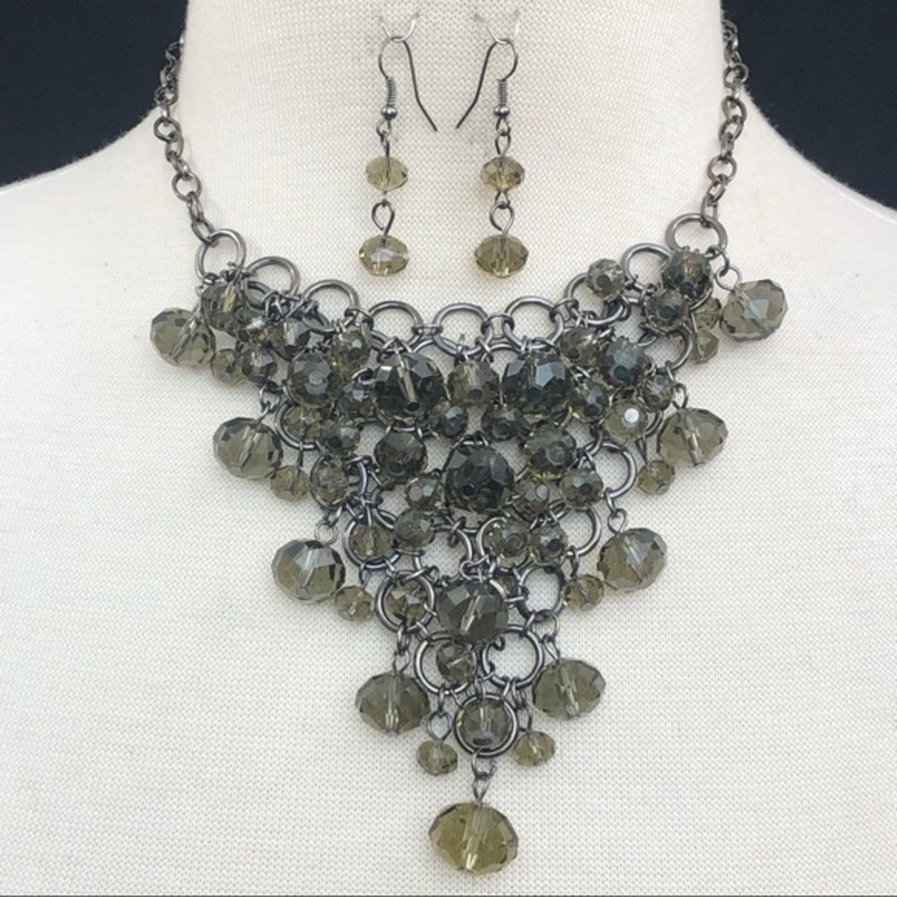 Gray Bead Cascading Statement Gun Metal Necklace Earrings Set